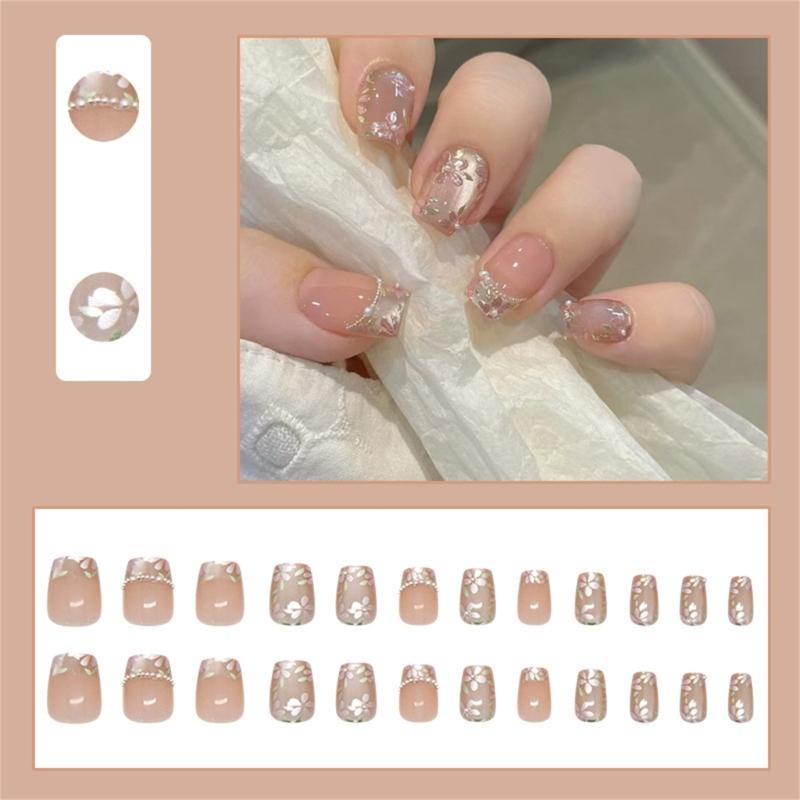 24 Pcs French Tip Press On Nail Cats Eye False Nail Pearls Flowers Acrylic Nail Short Full Cover Stick on Nail