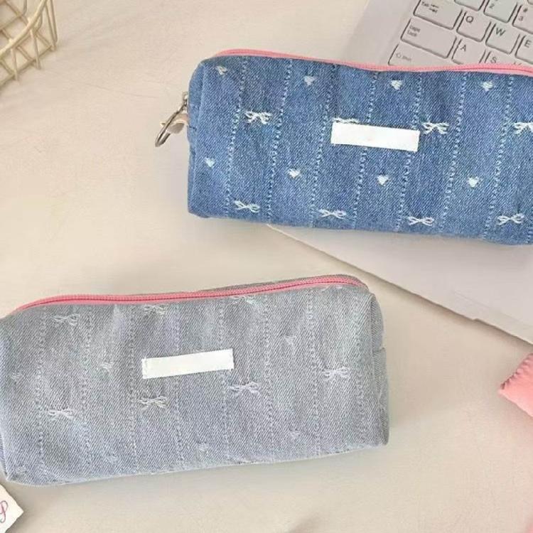 Jeans Fabric Pen Case Large Bowknot Pencil Bag Spacious Compartment Travel Makeup Bag for Student Women Travel Essential