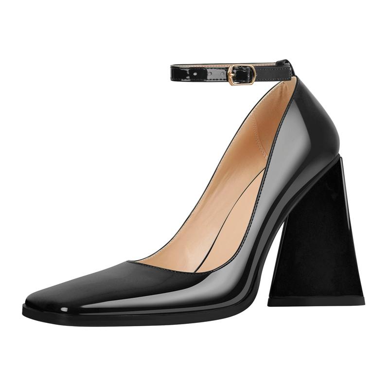 

Модные туфли Kaky s на новом ультравысоком толстом каблуке из лакированной кожи, с квадратным носком и ремешком с большой пряжкой, женская обувь 44 45 46 35 чёрный