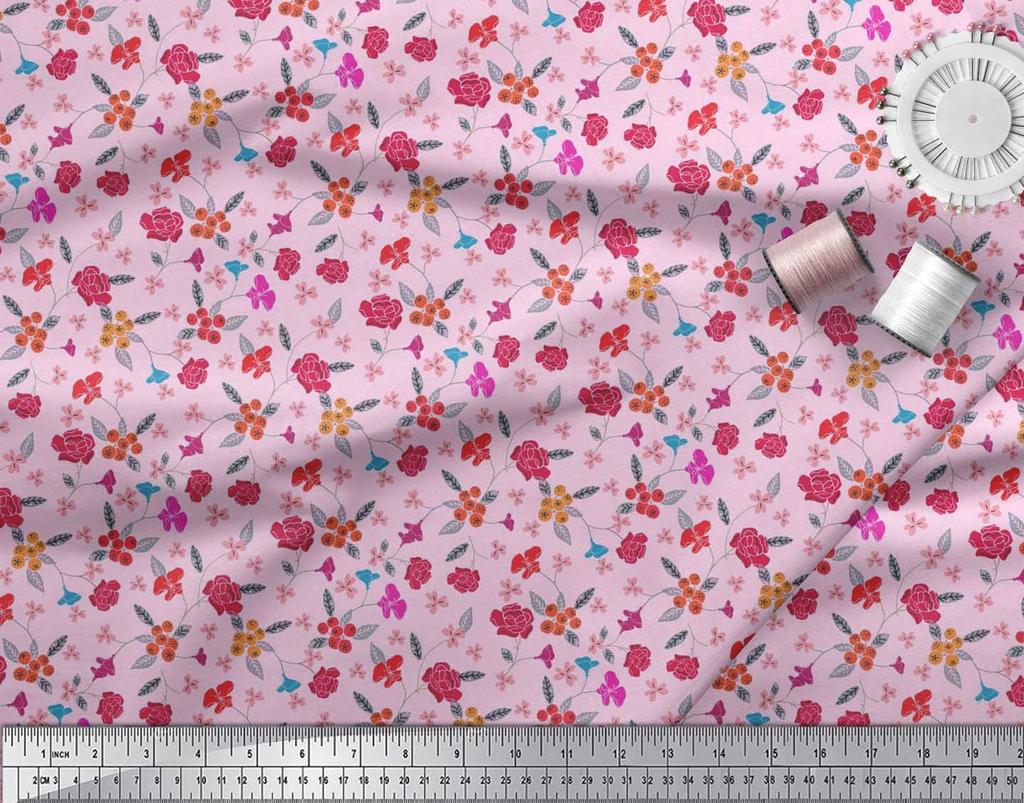Soimoi Japan Crepe Satin Fabric Berries,Leaves & Floral Artistic Print Fabric by the Metre 42 Inch