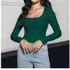 Womens Square Neck Ribbed Knit Long Sleeve Crop Top Casual Solid Color Fitted Blouse