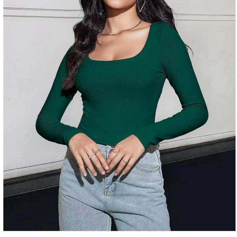 Womens Square Neck Ribbed Knit Long Sleeve Crop Top Casual Solid Color Fitted Blouse