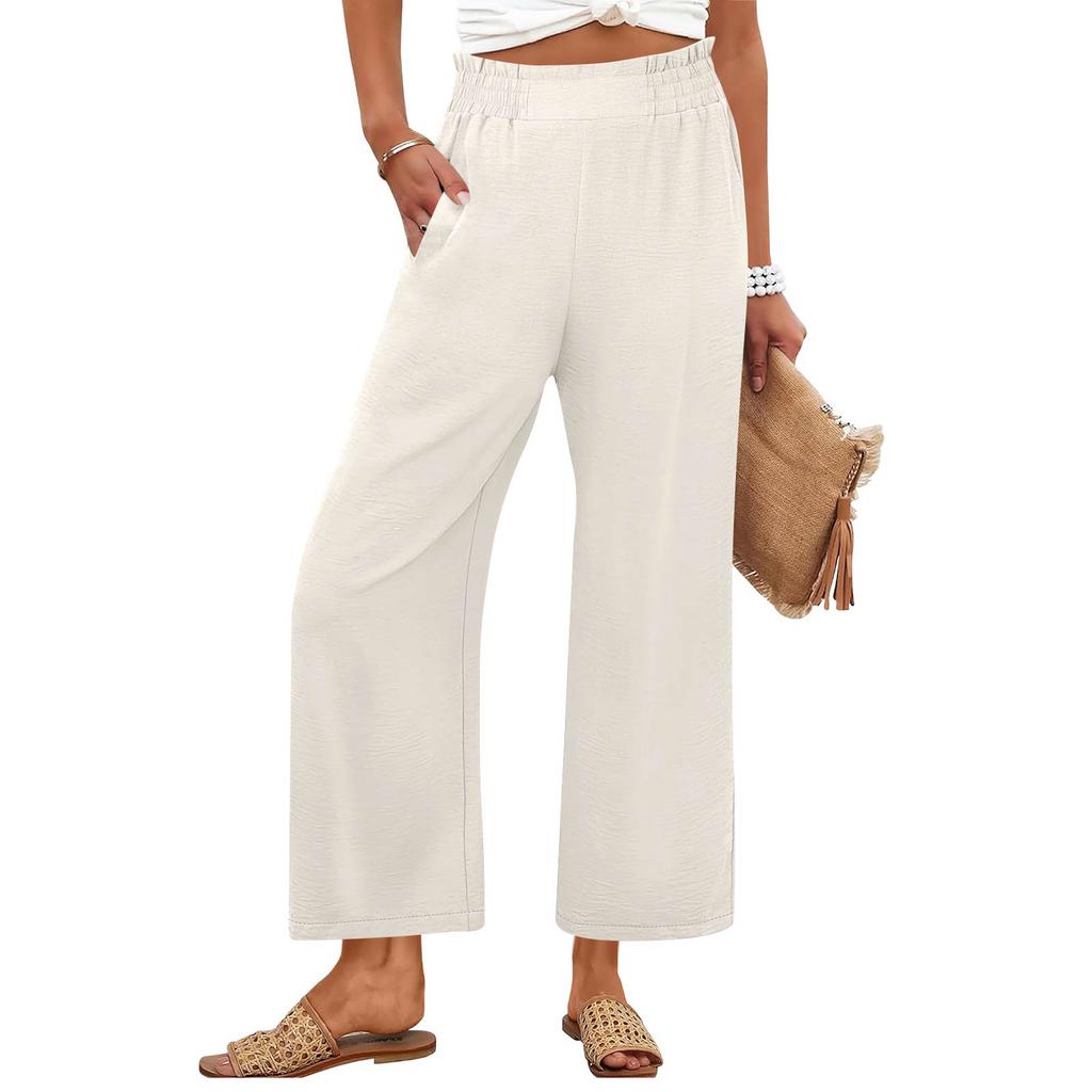 Women's Fashion -Colour Elasticated High-Waisted Cropped Trousers With Pockets