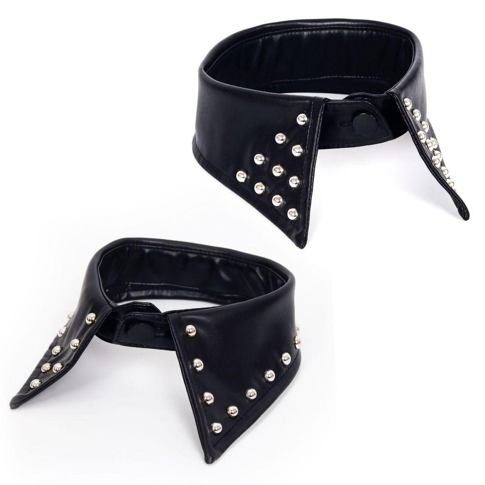 Abnehmbarer schwarzer Leder-Fake-Kragen Pu Punk-Stil Kragen Cooler Nietenkraggen Layering-Teil