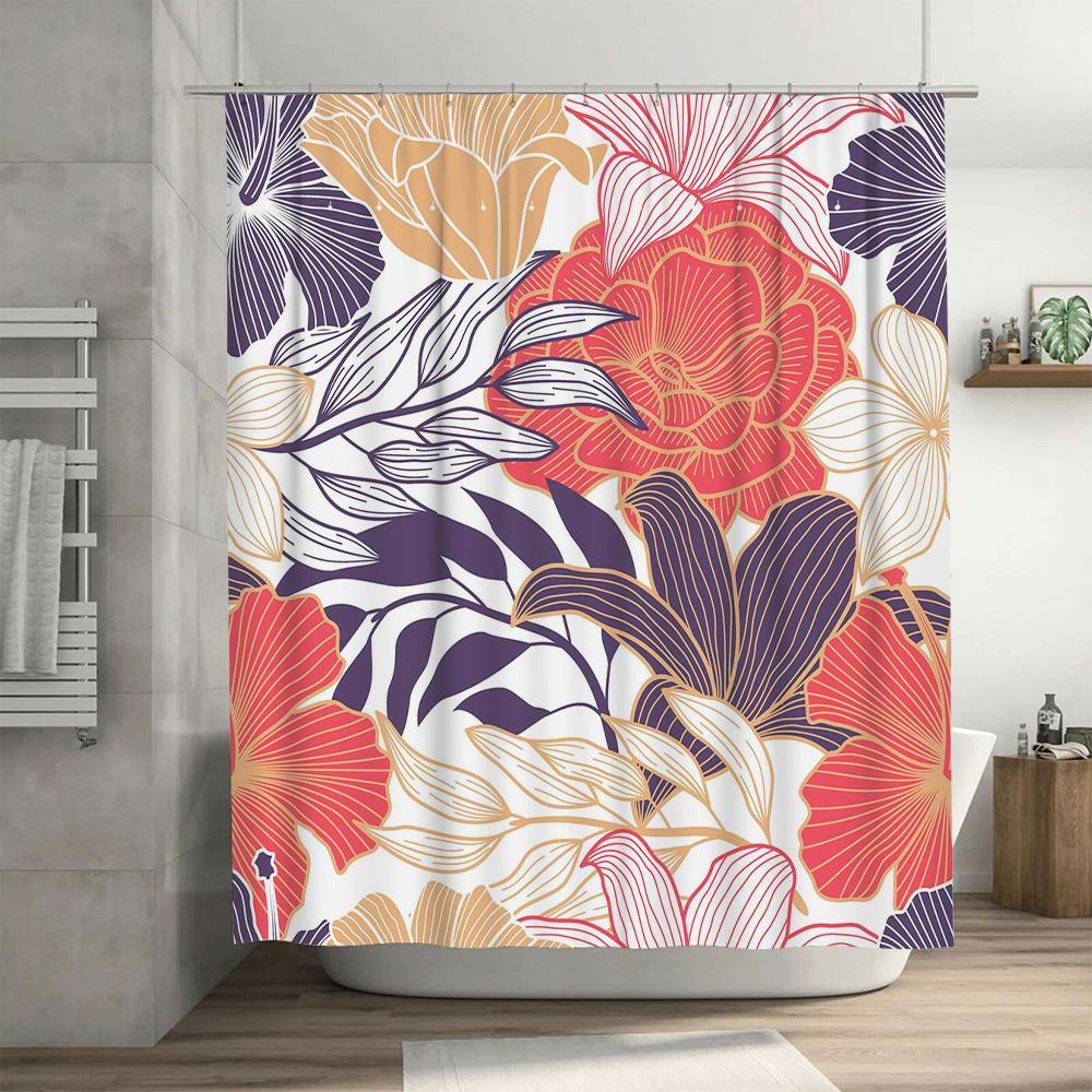 Modern Shower Curtain with Floral Print Waterproof Fabric Bath Room Decor Item Pink Purple Yellow Orange White Colorful Pattern