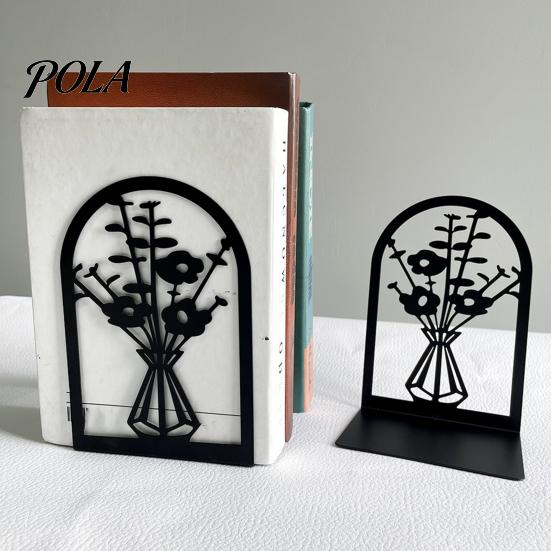 L-shaped Bookend 1 Pair Flower Metal Bookends, Decorative Vase Book Ends for Non-slip Shelves, Black Holder Stopper Home Office Reading Room