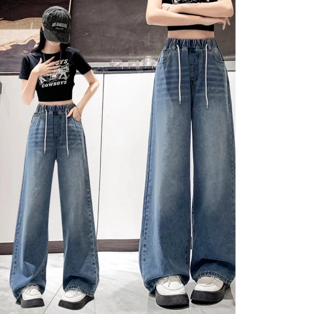 High Waist Wide Leg Jeans Women's Light Blue High Waist Long Pants Loose Fit Drawstring Elastic Waist Plus Size Slimming Jeans