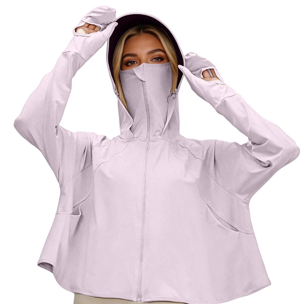 Womens Full Zip Hooded Jacket with Thumbholes Long Sleeve Lightweight Loose Fit Sun Protection Outerwear Top