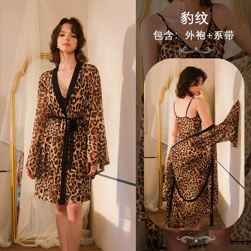 Sexy light luxury mesh leopard print suspender nightdress nightgown set women s sexy loungewear + S