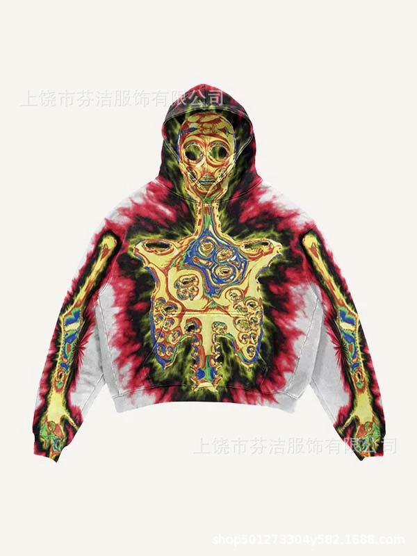 American Flame Skull Frame 3D Printed Hooded Sweatshirt, Vintage High Street Loose Trendy Brand Pullover Sweatshirt