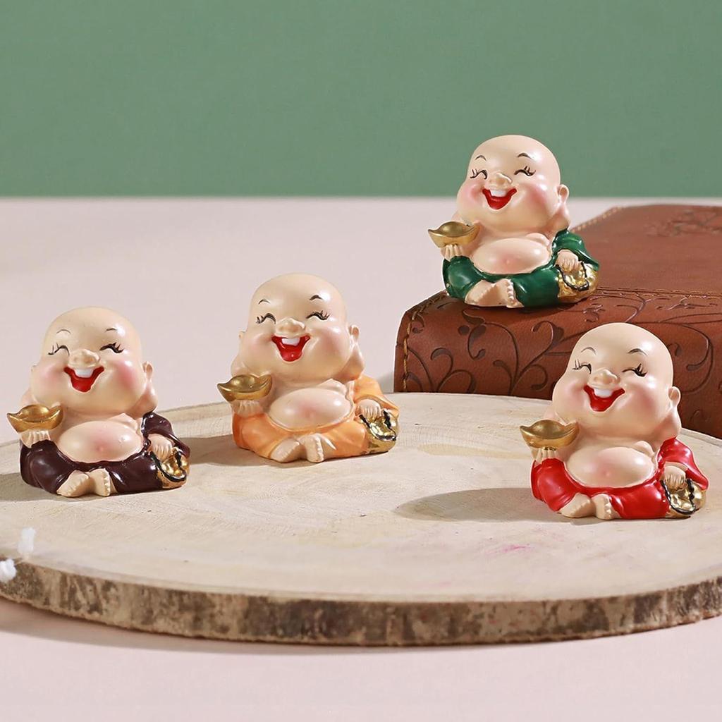 Latest Pack of 4 Laughing Buddha Monk Miniature Statue Showpiece (Multi, 4 Cm X 1.5 Cm) Feng Shui Items for Good Luck for Home Decor