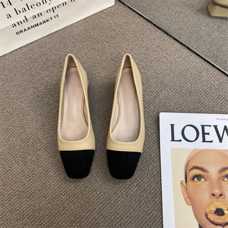 2025 Spring New Color Matching Fashion Design Square Head Thick Heel Single Shoes Women's Versatile Medium and High Heel Commuter Work Shoes