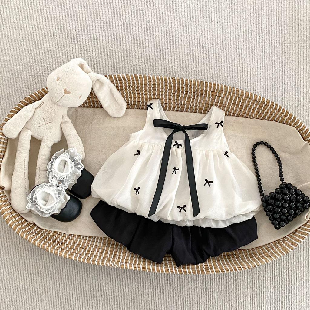 Girls Summer Two Piece Set with Bow Tank Top and Bloomer Shorts