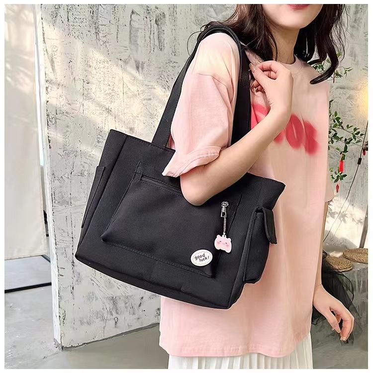 Lazy wind solid color canvas bag small fresh student bag commuter large capacity portable shoulder tote bag women