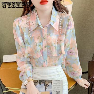 Women's Shirt In Spring and Autumn Fashionable and Versatile Shirt Design Sense Pearl Ruffle Floral Chiffon Sweet Long-sleeved Shirt