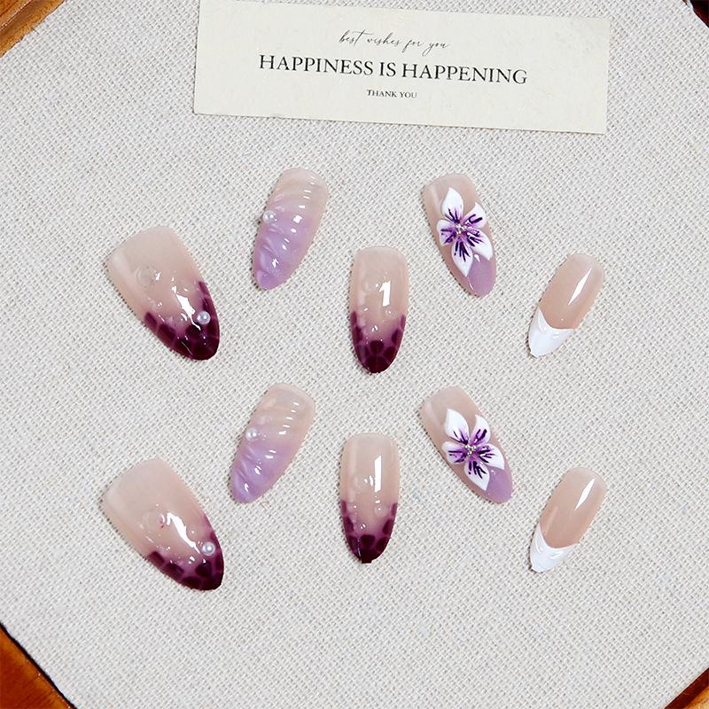 3D Stereo Floral Nail Art with Handmade Rhinestones - French Almond Purple Gradient Nail Tips