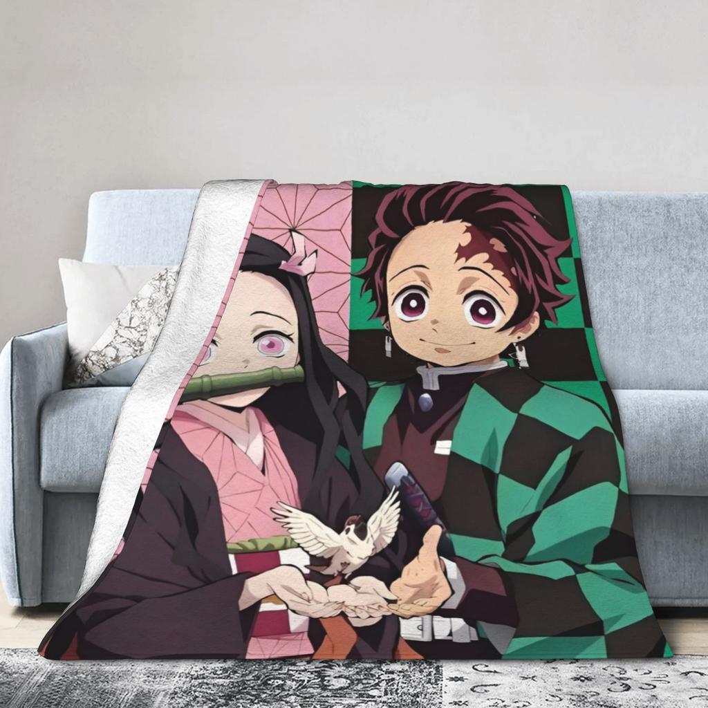 Kimetsu No Yaiba Kamado Nezuko Decken Anime Fleece Lustige Atmungsaktive Überwurfdecken für Bettwäsche Wohnzimmer Frühling Herbst