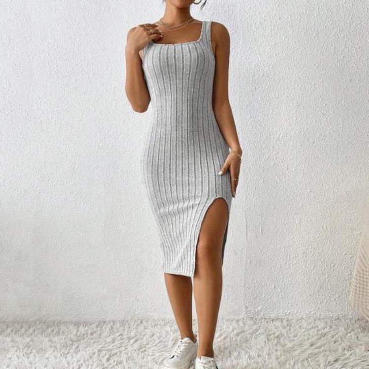 Summer Women Sleeveless Square Neck Sheath Dress Solid Color Elastic Side Split Skinny OL Commute Breathable