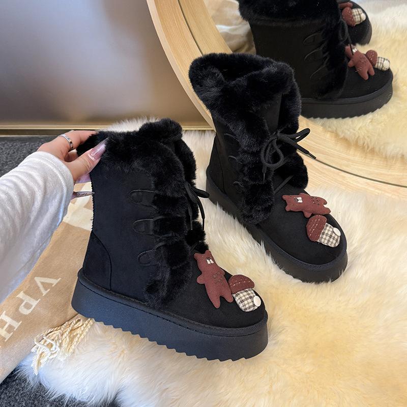 2025 autumn and winter snow boots women's fleece thickened thick sole to increase the height of the fur integrated Northeast cotton shoes fluffy warm
