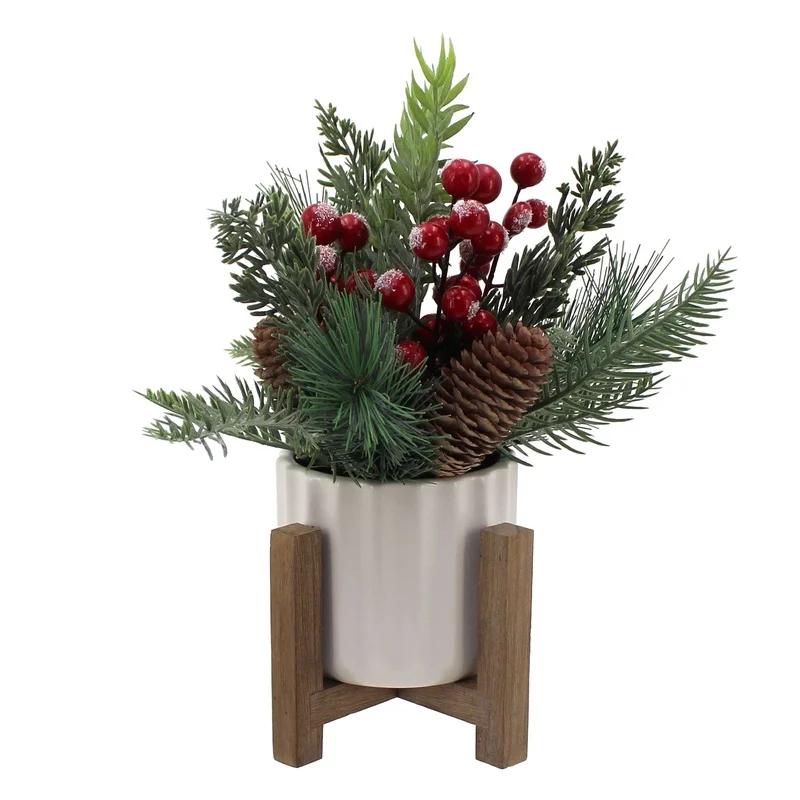 11" Artificial Christmas Tabletop Tree Red Berries Pine White Ceramic Planter Wooden Stand Holiday Home Decoration Indoor Use