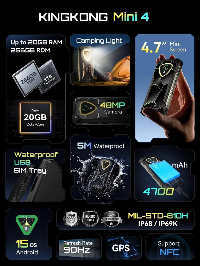 Cubot KingKong Mini 4 Android 15 Mini Smartphone, 4.7-Inch Mini Screen, 90Hz, 4700mAh, 6GB/8GB RAM+128GB/256GB ROM, Mini Phone, NFC