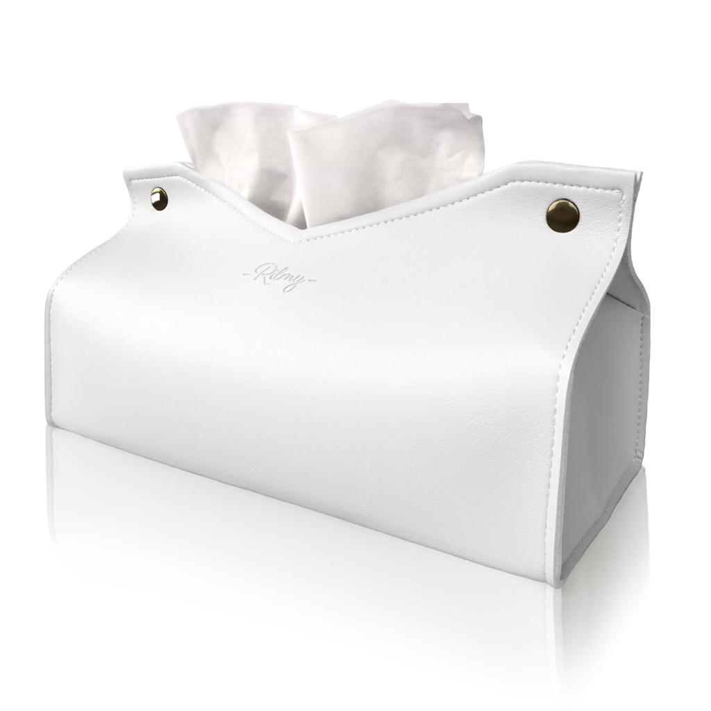 Rilmy Tissue Case, Stylish and Cute, Tissue Cover, Tissue Box, Leather, Nordic and Korean Interior Design, Faux Leather (Pure White)