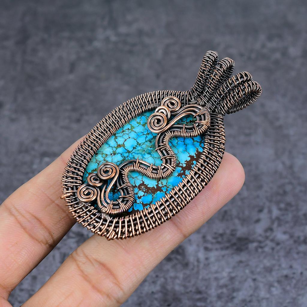 Natural Tibetan Turquoise Gemstone Copper Wire Wrap Jewelry Pendant 2.84" K8r66