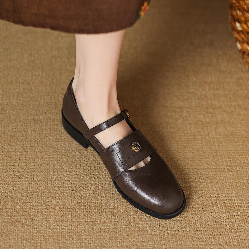 

Весна 2025 года, новые туфли Мэри Джейн с круглым носком, женские туфли-камелии, кожаные туфли в стиле ретро, универсальные туфли на толстом низком каблуке 35