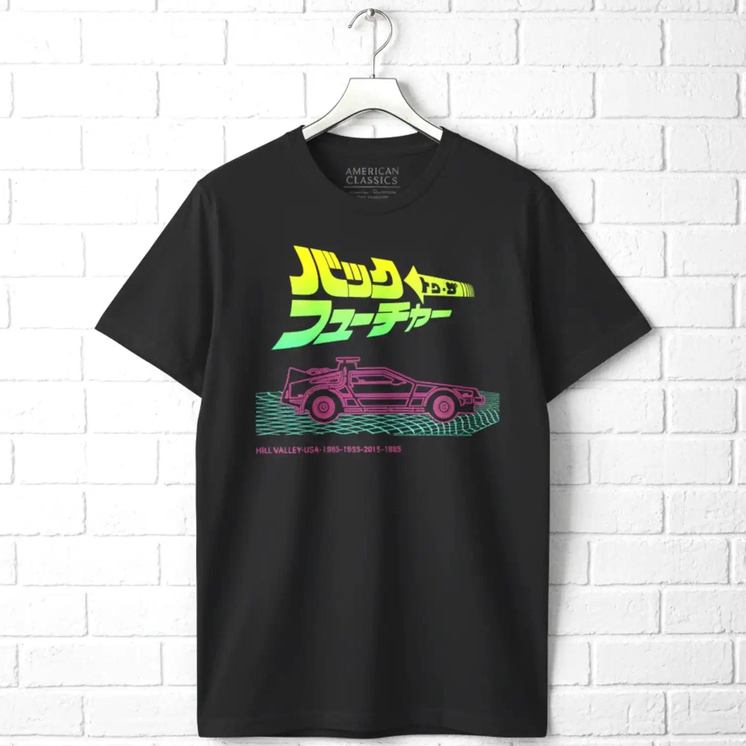 Back to The Future Neon Japanese Logo Men s T Shirt 80s Synthwave Delorean Kanji XXL