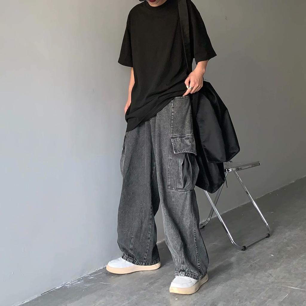 Japanese Street Retro Drape Loose Wide-leg Casual Big-pocket Tooling Denim Washed Daddy Pants