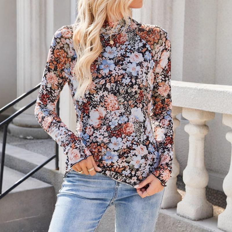 Spring and Autumn Fashion Pullover High Neck Long Sleeve Lace Floral Mesh Base Shirt Women