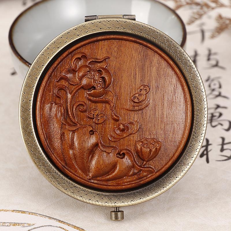 Portable Green Sandalwood Folding Vanity Mirror - Exquisite Round Design, 5 Styles Available