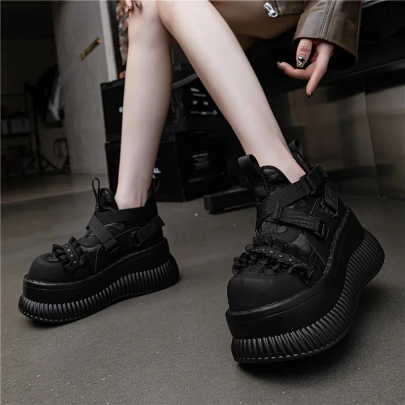 Fashion 8CM Gothic Style Chunky Boots High Platform Women Ankle Boots Elegant Walking Comfy Woman Motorcycle Shoes Punk Leather Boots