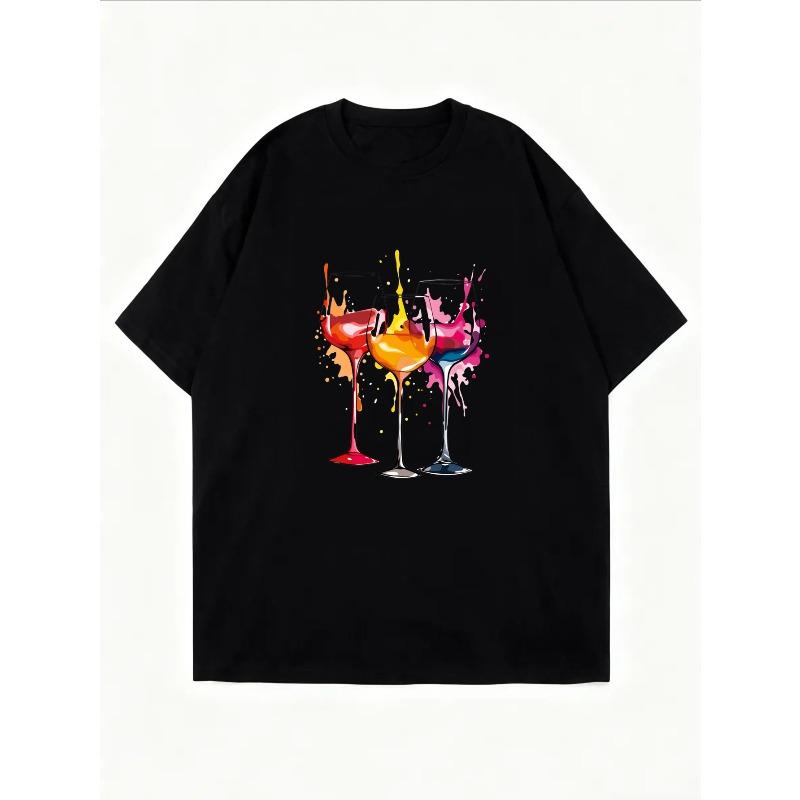 Tricou Alb cu Mânecă Scurtă cu Imprimeu Colorat Pahar de Vin Pentru Ținută Casual