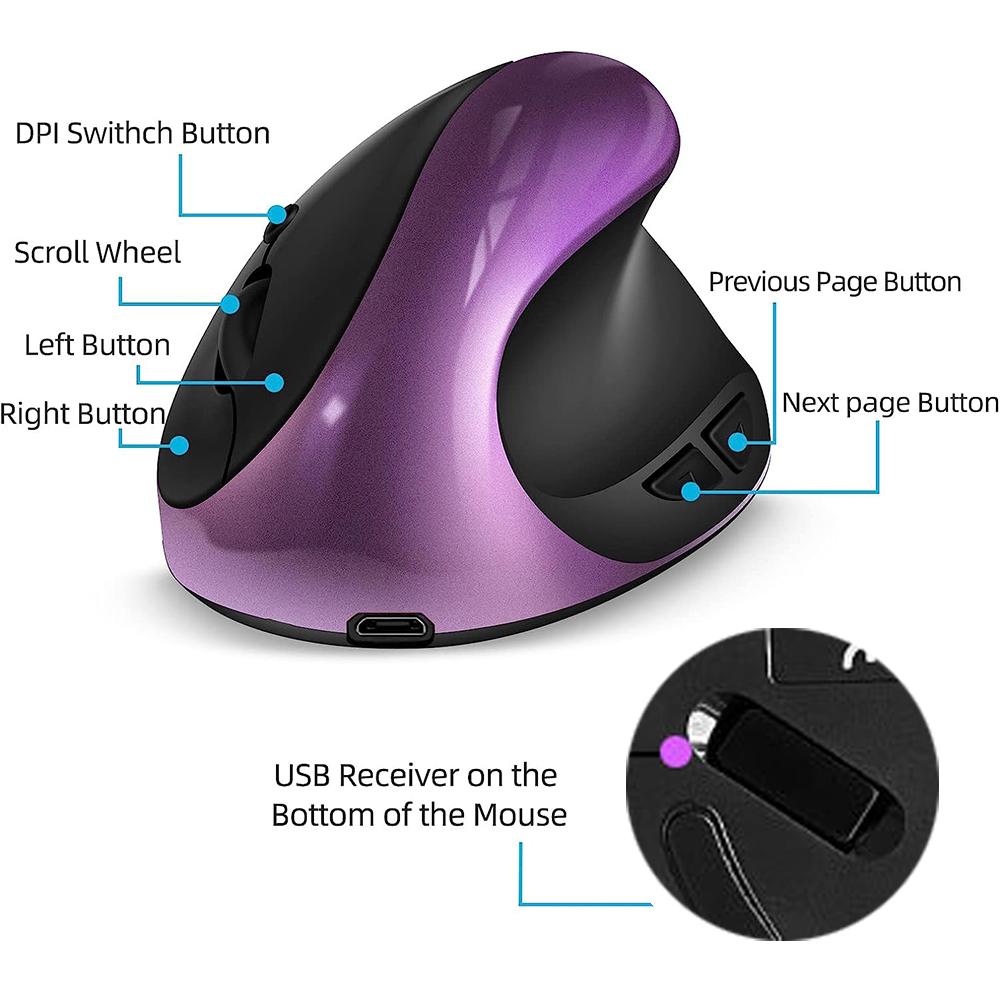 Ergonomic Mouse Rechargeable Wireless Mouse with 6 Buttons and 3 Adjustable