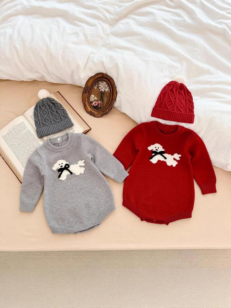 Autumn & Winter One-Piece Baby Rompers: Jacquard with Cute Animals & Handmade Bow for Boys & Girls