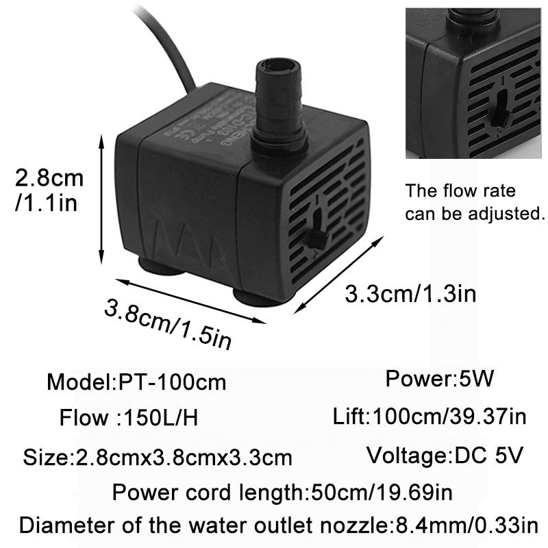 

Ultra Quiet USB Aquarium Fish Tank Filtration Pump Mini Pet Fountain Submersible Adjustable Flow Water Circulation Pump 5V 5W 5 W