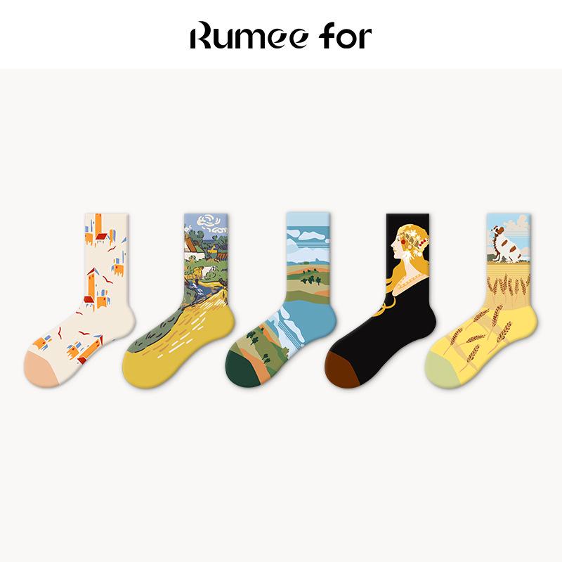 Women's Retro Oil Painting Mid-Calf Socks - 2025 Autumn Cotton Trend, Boneless Design for Couples