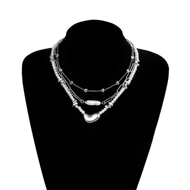 Elegant Irregular Heart Shaped Pendant Layering Pearls Necklace Alloy Jewelry For Women Fashion Accessories
