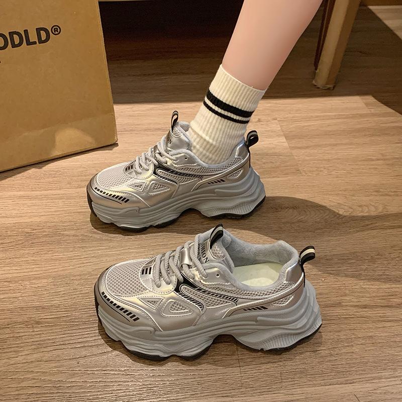 Dad shoes new autumn and winter velvet black shoes thick-soled heightening casual sports shoes