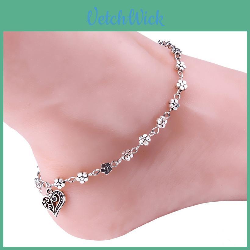Elegant Women Bead Chain Anklet With Heart And Flower Design For Beach Fashion Jewelry