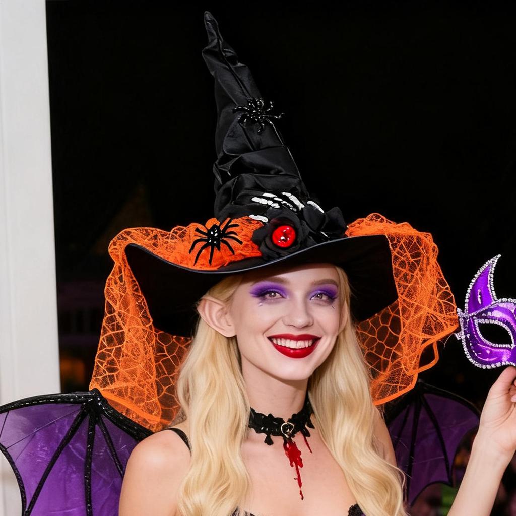 Halloween Witches Hat Lace Wide Brim Pointed Headdress Halloween Spider Adult Witch Hat For Prom Masquerade Event Party Decors