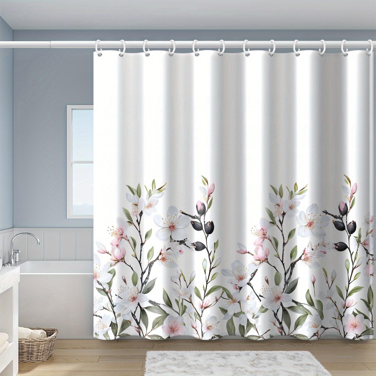 

1 Piece Of Elegant Pink And White Floral Print Polyester Shower Curtain With Hooks, Machine Washable, Suitable For All Seasons W60H190(CM)-1 Pcs