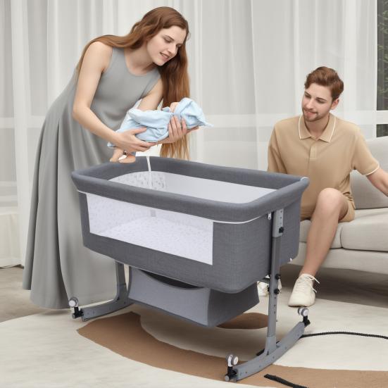 Baby Bedside Crib, Bassinet with Large Curvature Cradle, Height Adjustable Bedside Bassinet, Movable Beside Bassinet with Mosquito Net (Grey)