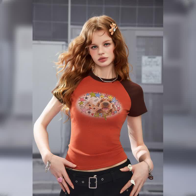 UNIFREE Cute Pet Print Color Block Slim T-Shirt