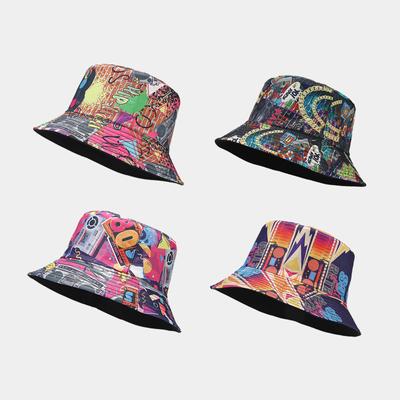 Graffiti Hat Men's Nostalgic Classic Tape Pattern Double-sided Basin Hat Women's Outdoor Sun Hat Trendy