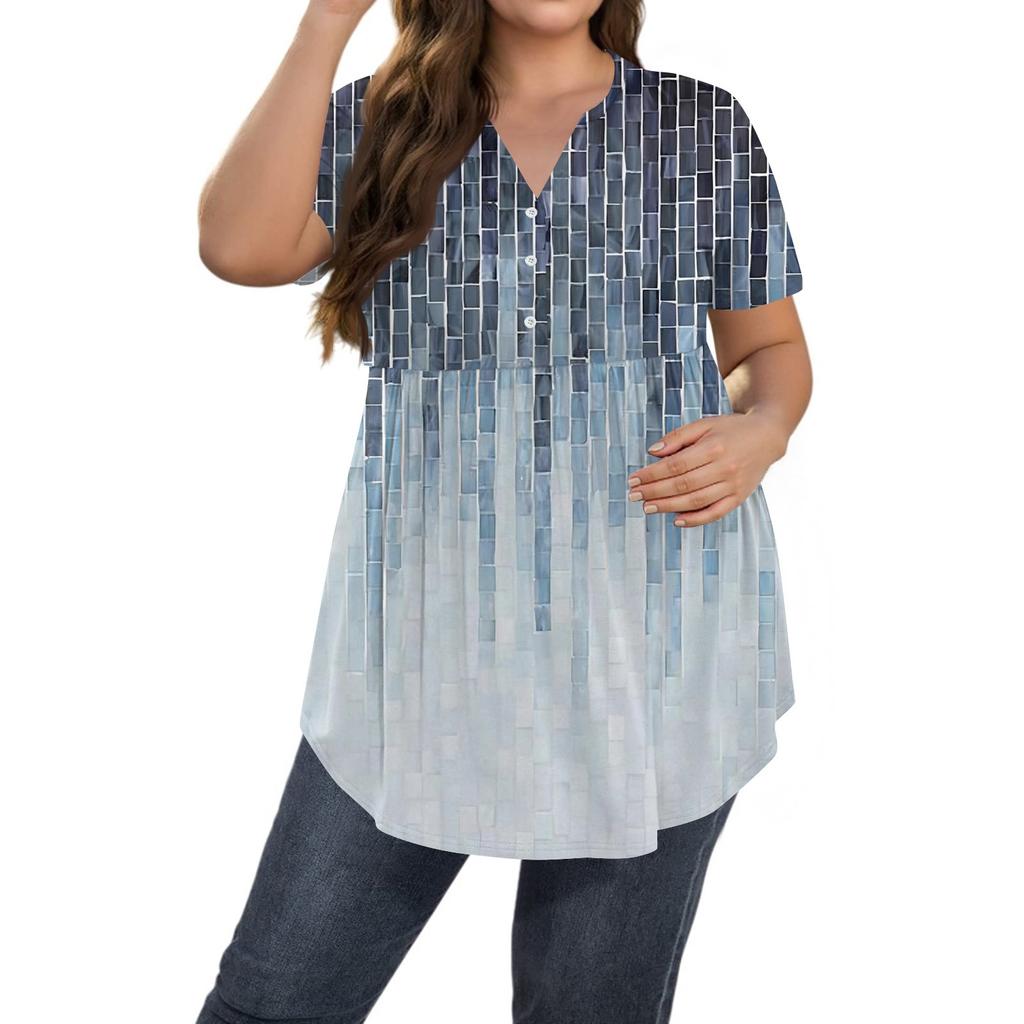 Kadın Baskılı Büyük Beden V Yaka Düğmeli Üst Günlük Kısa Kollu Bol Üst