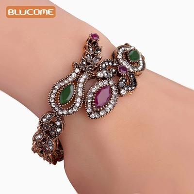 Blucome pulseiras femininas vintage para festa, pulseiras de resina acrílica vermelha com flores de lírio, cristais completos, bijuterias turcas, joias manuais