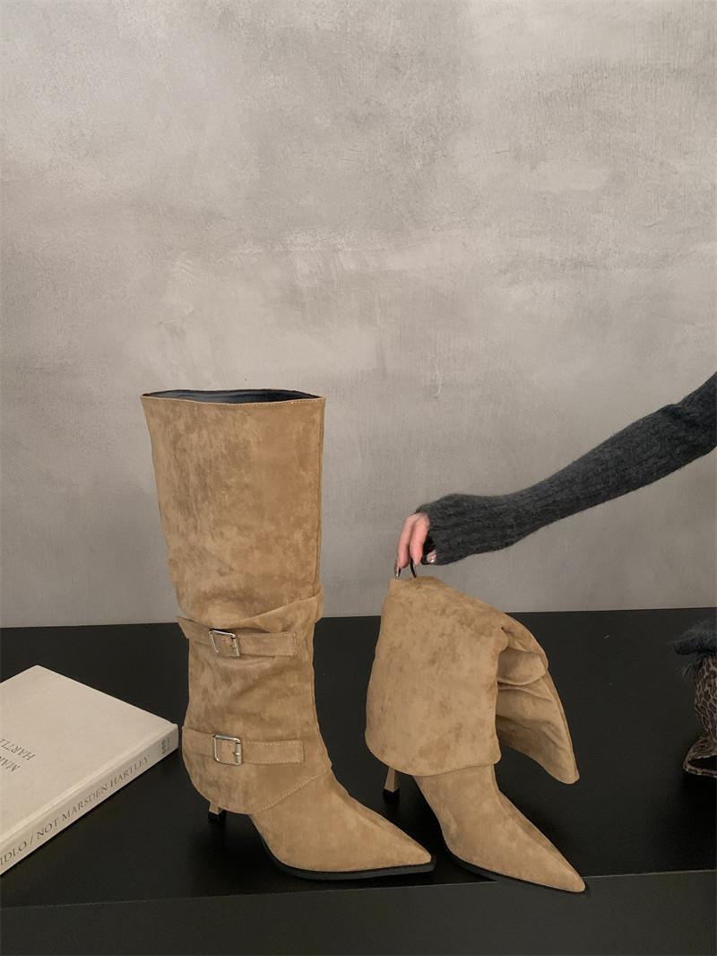 

Thin heel suede pointed toe boots women s shoes 2025 autumn/winter new trouser boots two fashion boots back zipper boots for women 39