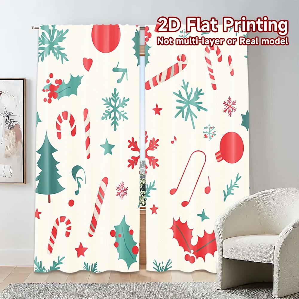 Set Of 2 Curtains Christmas Bell Snowflake Holly Tree Chic Pattern Prints Home Decor Use Curtain Sheer Made Polyester